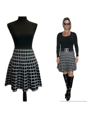 Cynthia Rowley black white windowpane plaid check knit Aline skater circle skirt